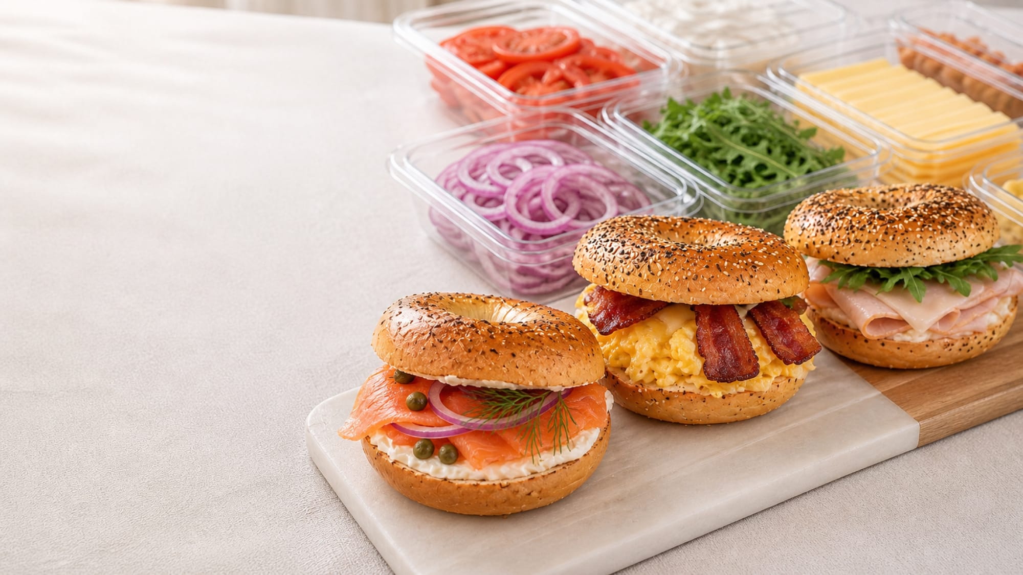 Tres bagels armados —salmón con alcaparras y eneldo, huevo con tocineta, y jamón de pavo con arúgula— junto a bandejas de tomate, cebolla morada, arúgula y quesos
