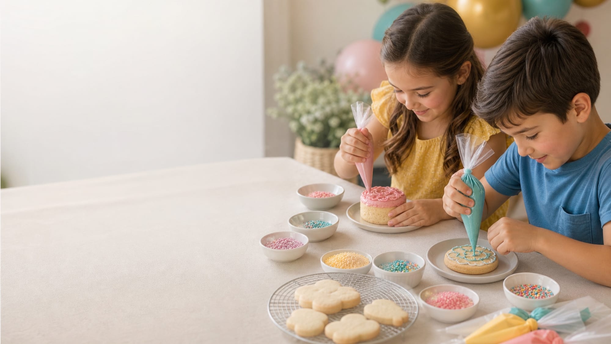 Dos niños decorando galletas y un mini cake con mangas de repostería, rodeados de boles de sprinkles