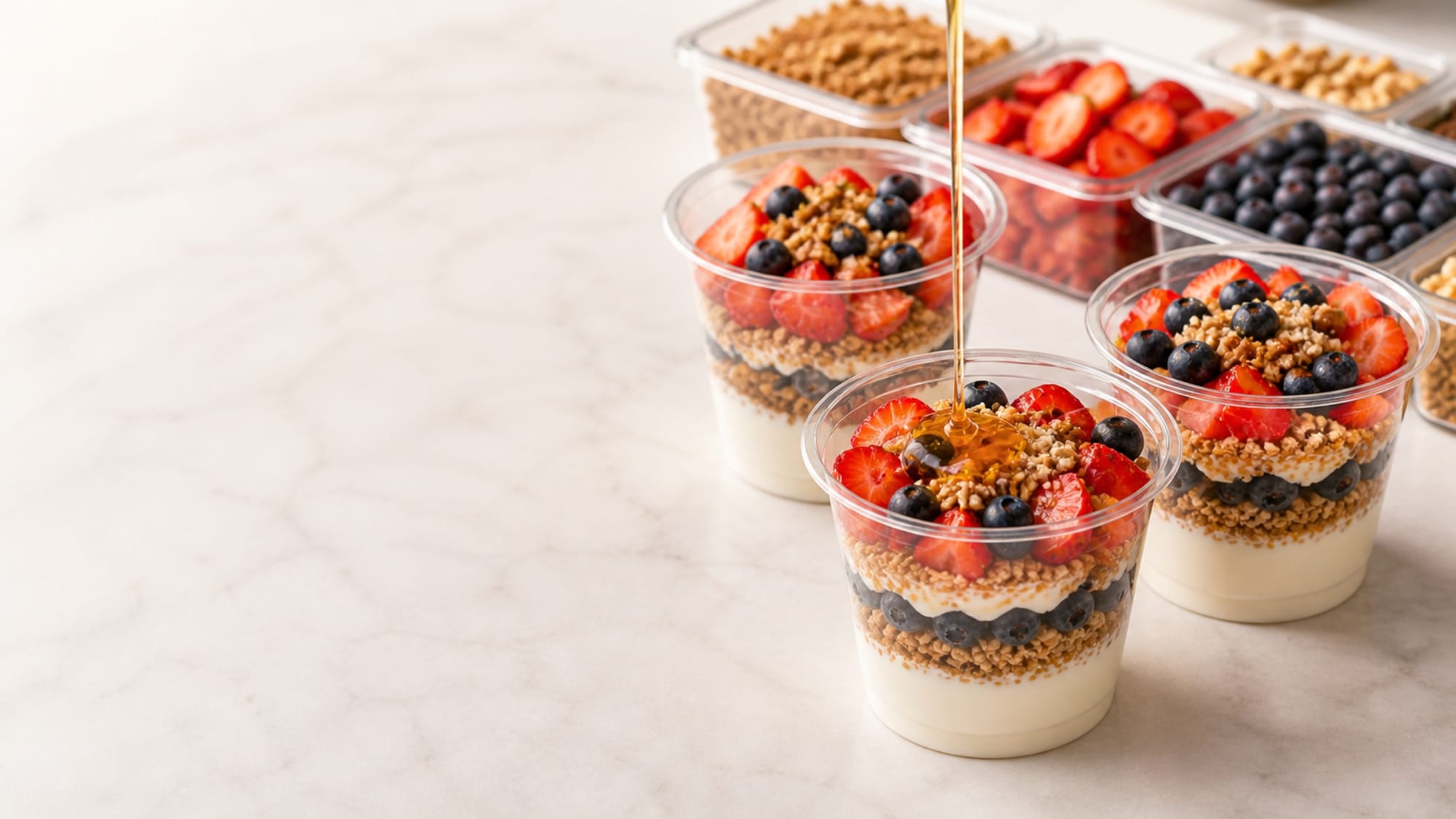 Vasos de parfait de yogurt griego en capas con granola, fresa y arándanos, con miel cayendo, y bandejas de toppings al fondo