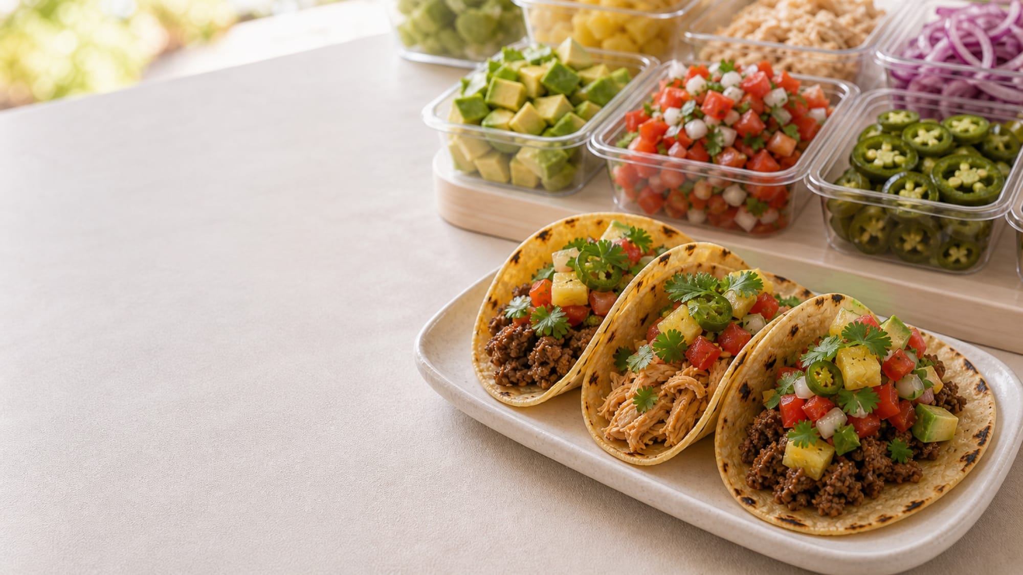 Tres tacos callejeros con carne, pollo desmenuzado, pico de gallo y piña, junto a bandejas de aguacate, jalapeño y cebolla morada
