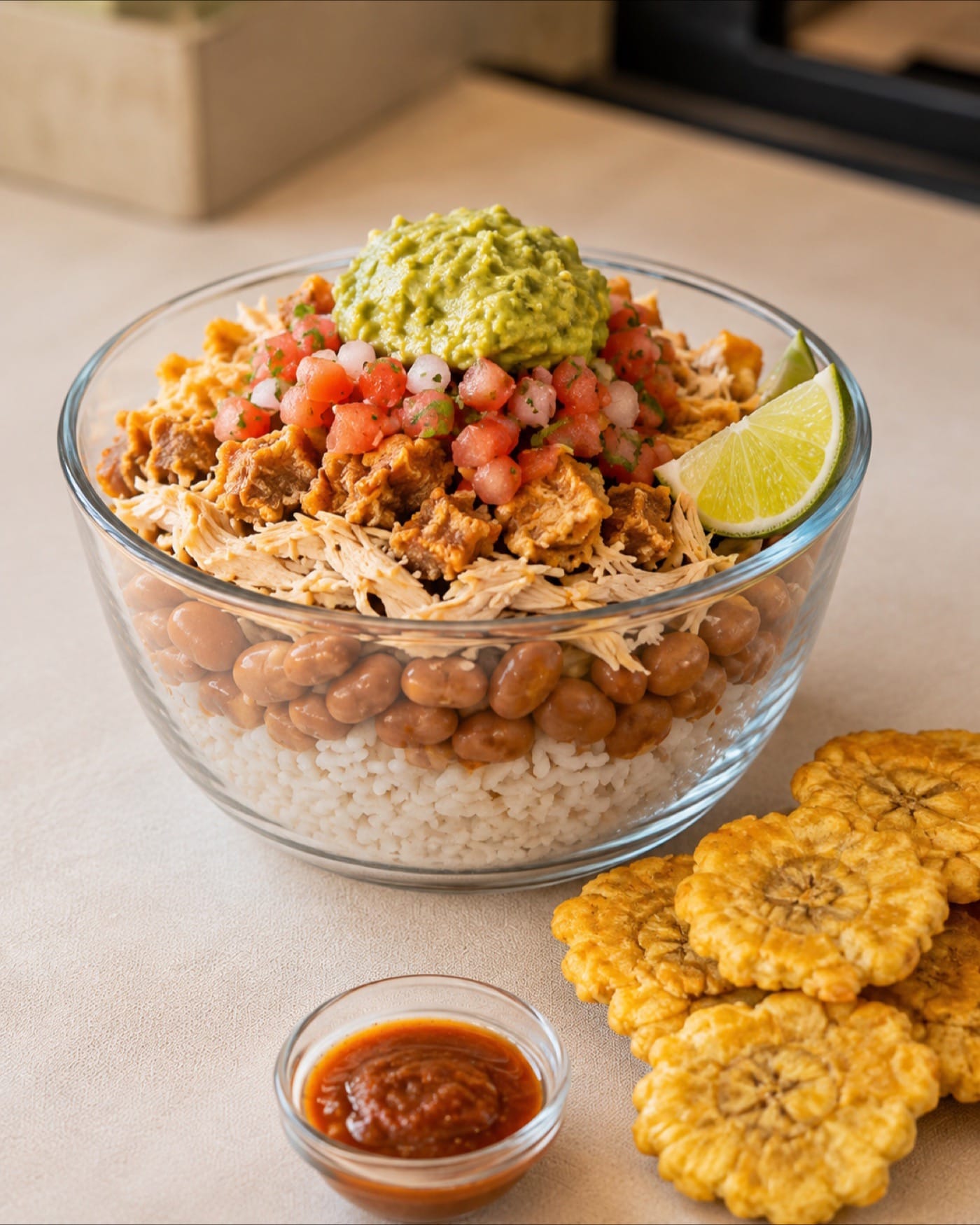 Bowl de chifrijo en capas de arroz, frijoles cubaces, pollo desmenuzado y chicharrón, coronado con pico de gallo y guacamole, junto a tostones y salsa