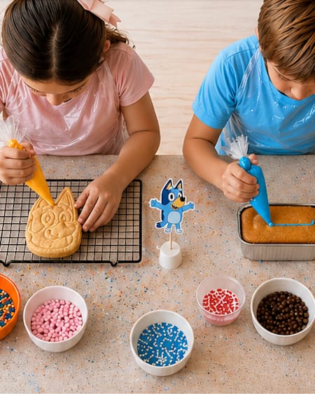 Dos niños decorando galletas con mangas de glasé, rodeados de cuencos de toppings de colores