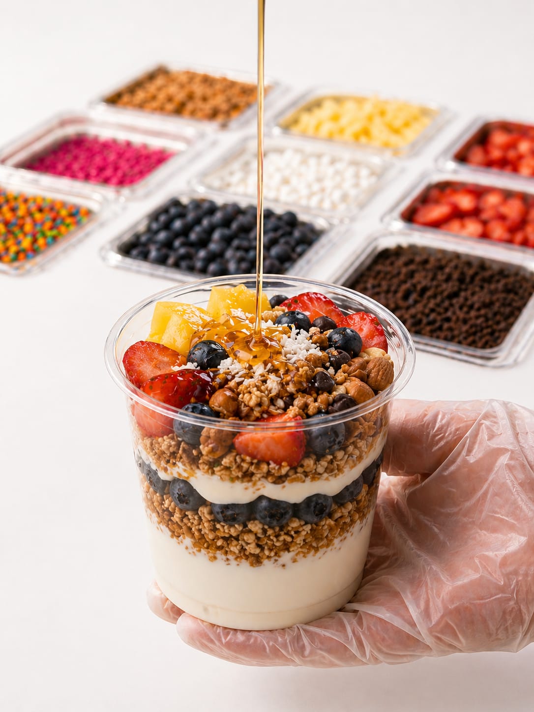 Una mano sostiene un parfait con miel cayendo frente a la estación de toppings