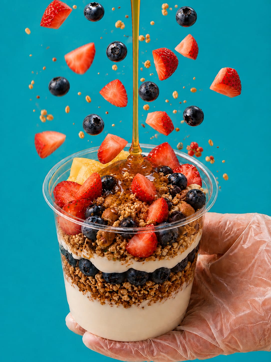 Una mano sostiene un vaso de parfait de yogurt, granola, fresas y arándanos mientras le cae miel y más fruta encima
