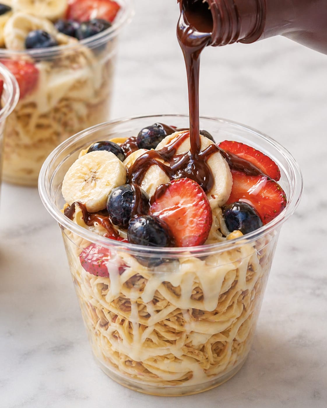 Salsa de chocolate cayendo sobre un vaso de sweet spaghetti con fruta fresca