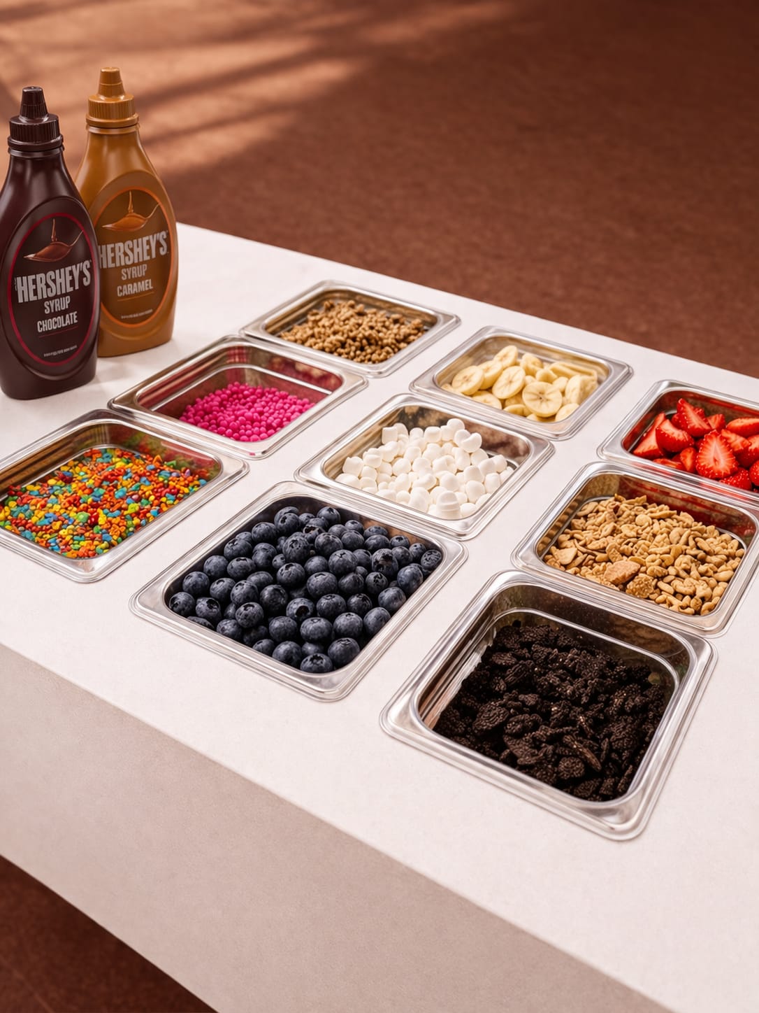La barra de toppings servida: frutas, sprinkles y salsas listas para elegir